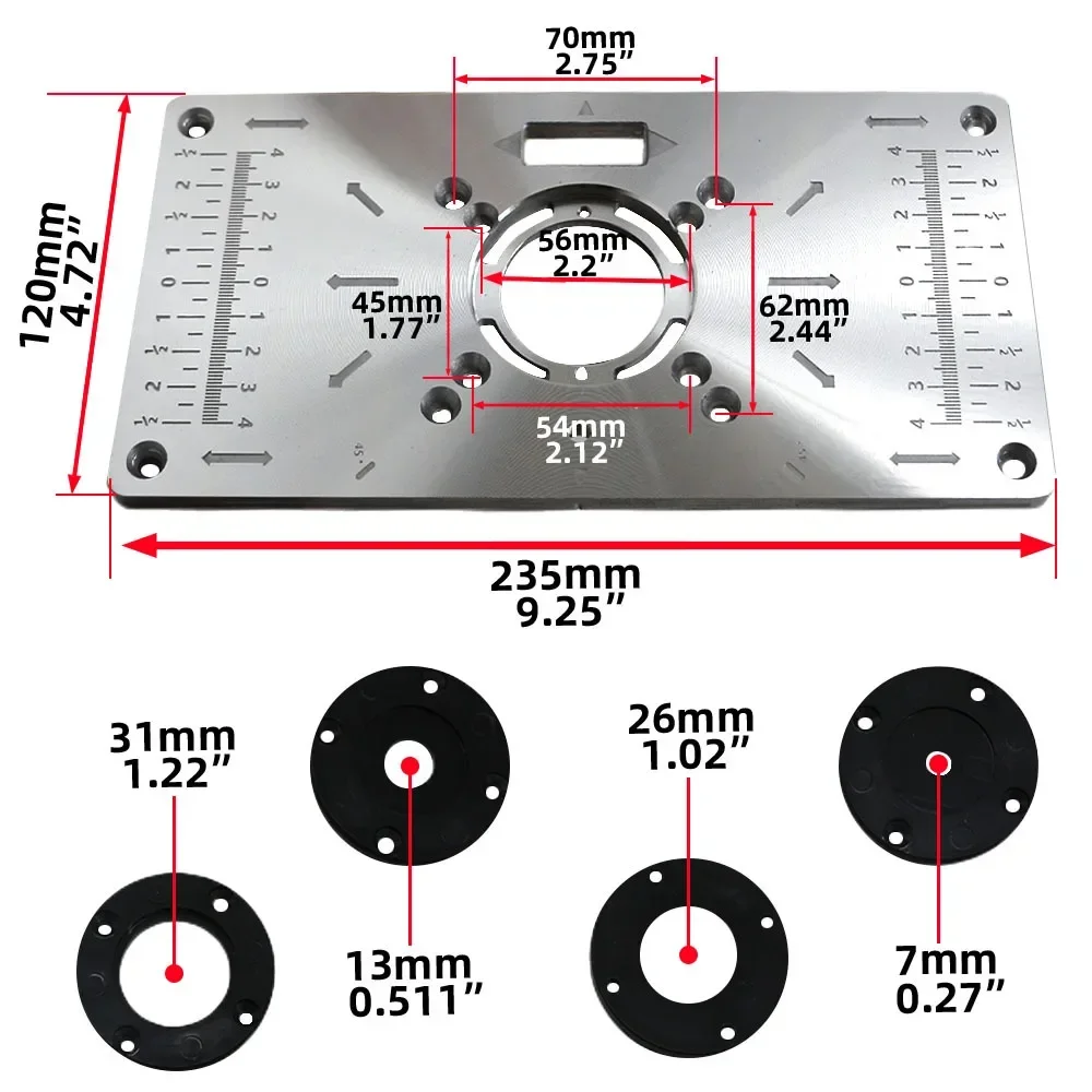 Aluminium Router Table Insert Plate Table For Woodworking Benches Router Plate Wood Tools Milling Trimming Machine With Rings