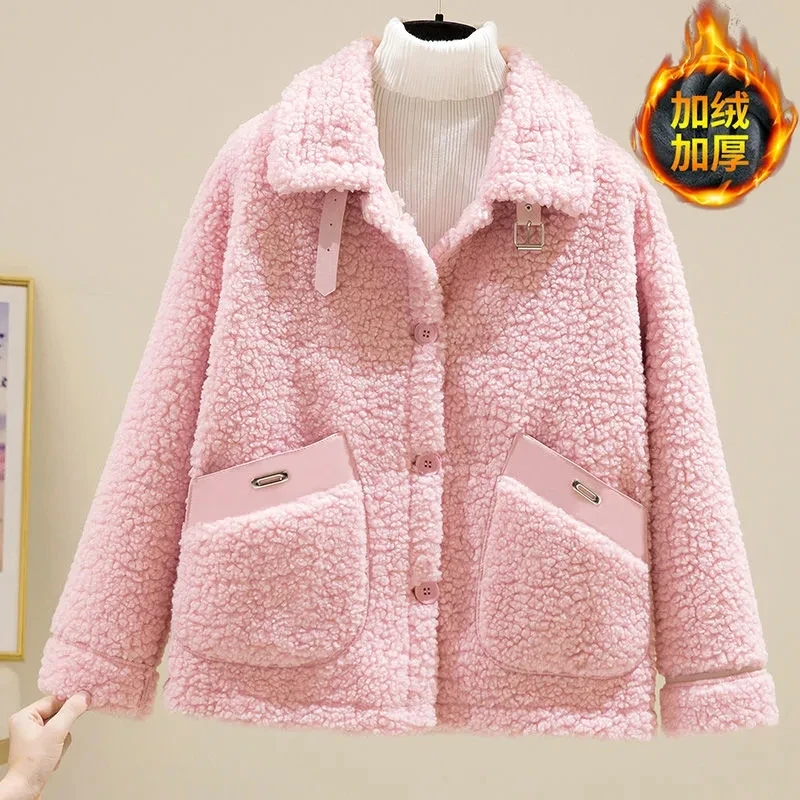 Winter New Loose Granular Plush Fur Integrated Lamb Fleece Short Coat Women Thickened Lamb Fleece Jackets