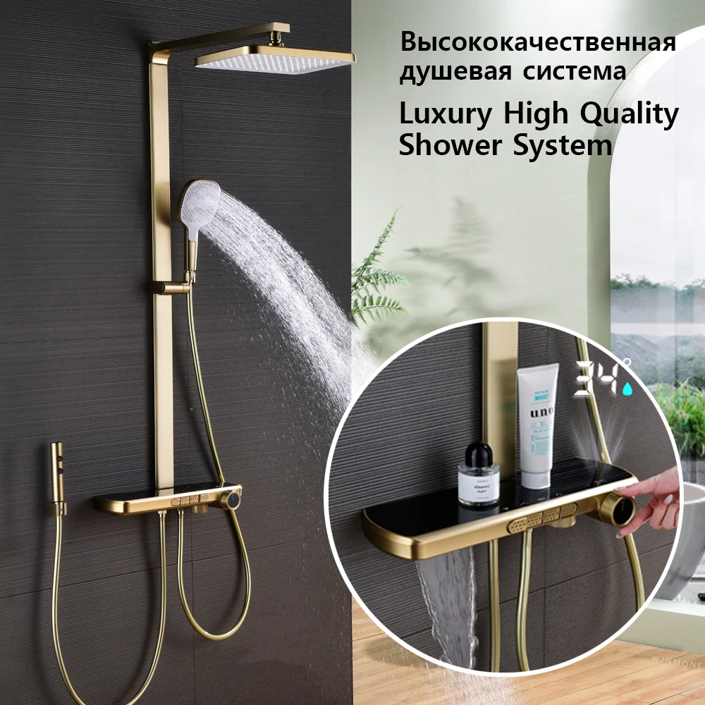 

Brushed Gold Bathroom Shower System Wall Mounted Waterfall Copper Shower Faucet 4 Modes Bathtub Digital Thermostatic Shower Set