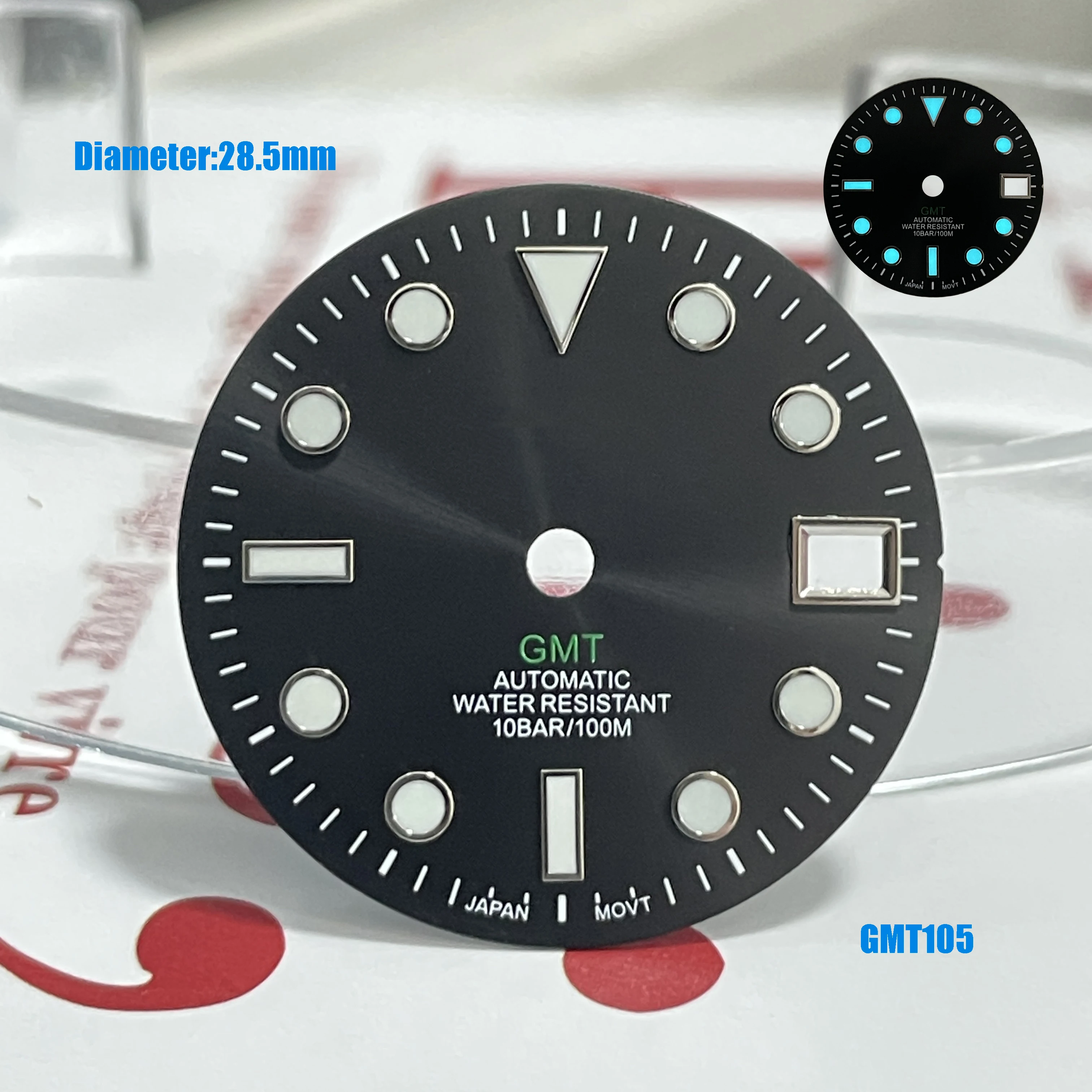 Cadran GMT sub S de 28.5mm, lucarne unique, logo s lumineux bleu, cadran noir adapté au cadran NH34 s, accessoires de mouvement de montre