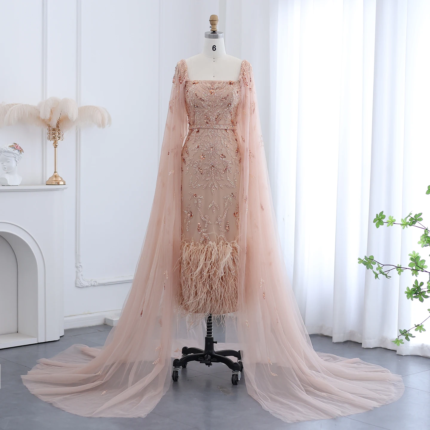 Sharon Said Luxury Feather Lilac Evening Dress Blue Sage Ankle Length with  Cape Sleeve for Wedding Party Gowns SS381 Customized - AliExpress 320