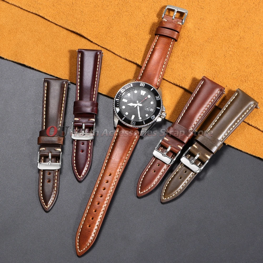 For Omega Vintage Oil Wax Cowhide Watch Strap 18mm 19mm 20mm 21mm 22mm Brown Head Layer Leather Watchband Pin Buckle Accessories - view 6