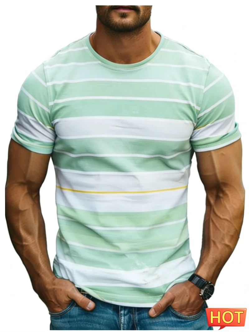 

Simple Fashion Mens Striped T Shirts Summer Casual Short Sleeve 3D Printed Crew Neck T-shirts Loose Breathable Basic Tees Tops