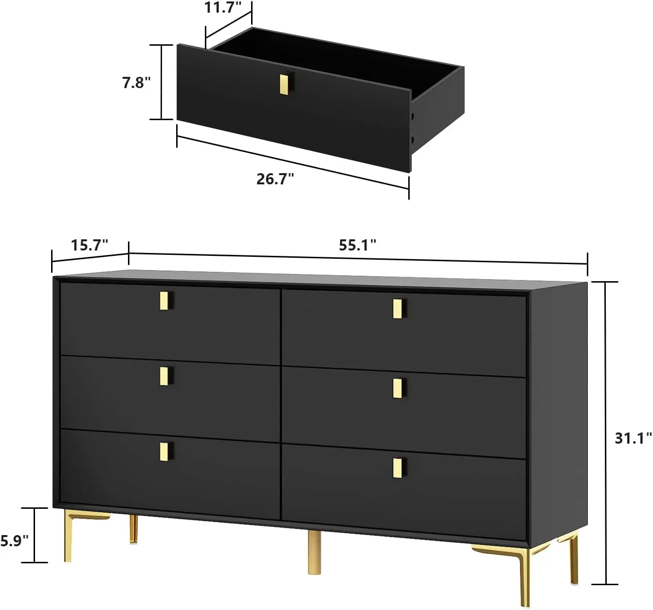 Black Dresser Cabinet with 6 Drawers,  Double Dresser  Wood Storage Chest Chest with Gold Metal Legs, or Bedroom Living Room