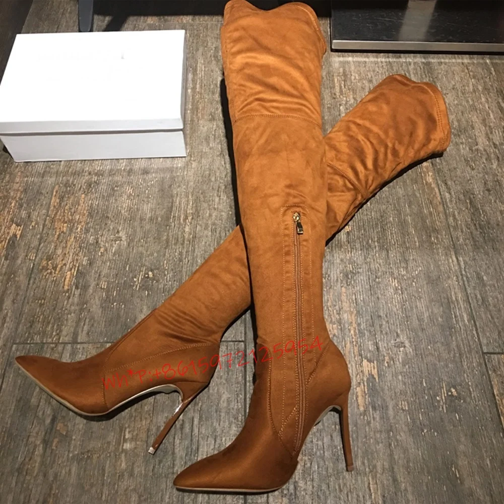 

Tan Thigh High Stretch Matte Boots Women Autumn Suede Lining Warmly Shoes Pointed Toe Side Zipper Long High Thin Heels Boots