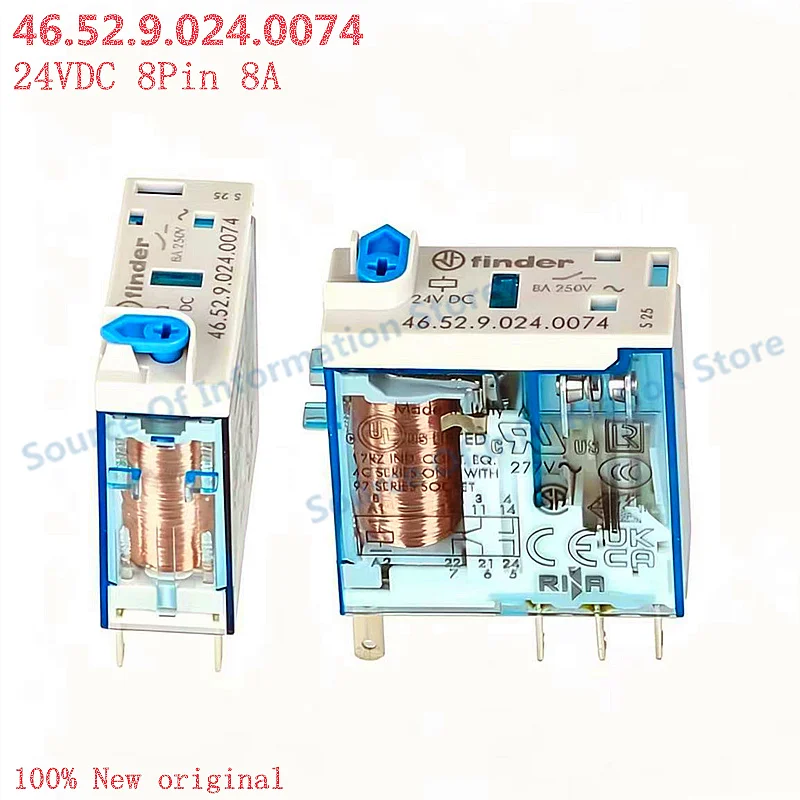 5Pcs, Original Finder 46.52.9.024.0074 24VDC DPDT 8Pin 8A Industrial Control Relay With LED Indicator & Test Button