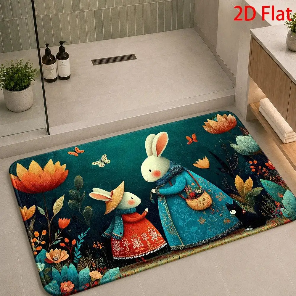 Decorative Bunny Flower Mat Rug for Bathroom Kitchen Hallway Spring Decor Anti-Fatigue Washable Cute Garden Mats Slippers
