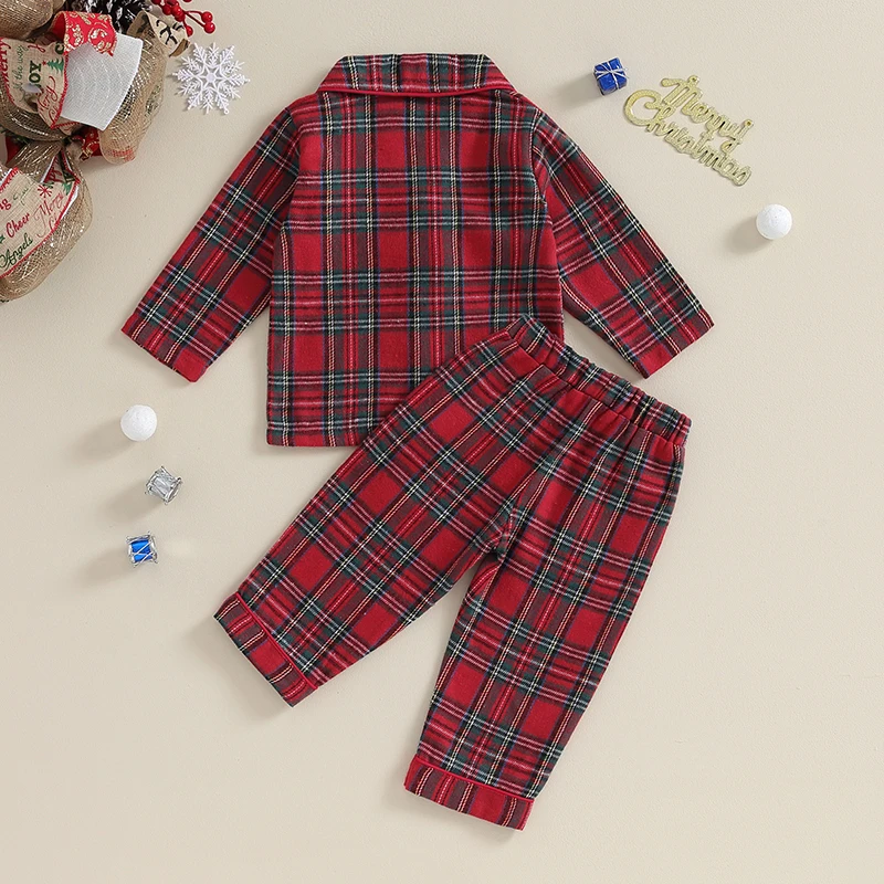 EWODOS Kids Christmas Red 2pcs Pajamas Set Plaid Button up Long Sleeve Shirt+Elastic Pants Loungewear Comfor Sleepwear Outfits