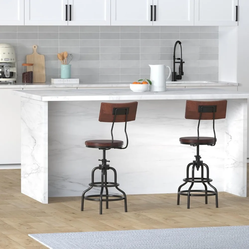 Taburete de bar giratorio ajustable de estilo vintage industrial con estructura de metal y respaldo de madera, juego de 2 sillas de altura para mostrador de cocina