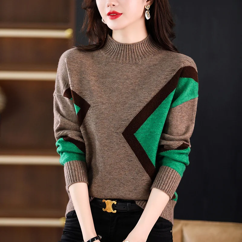 Women's Base Sweater Fashionable and Stylish New Style Color Blocked Knitted Sweater Half High Neck Sweater