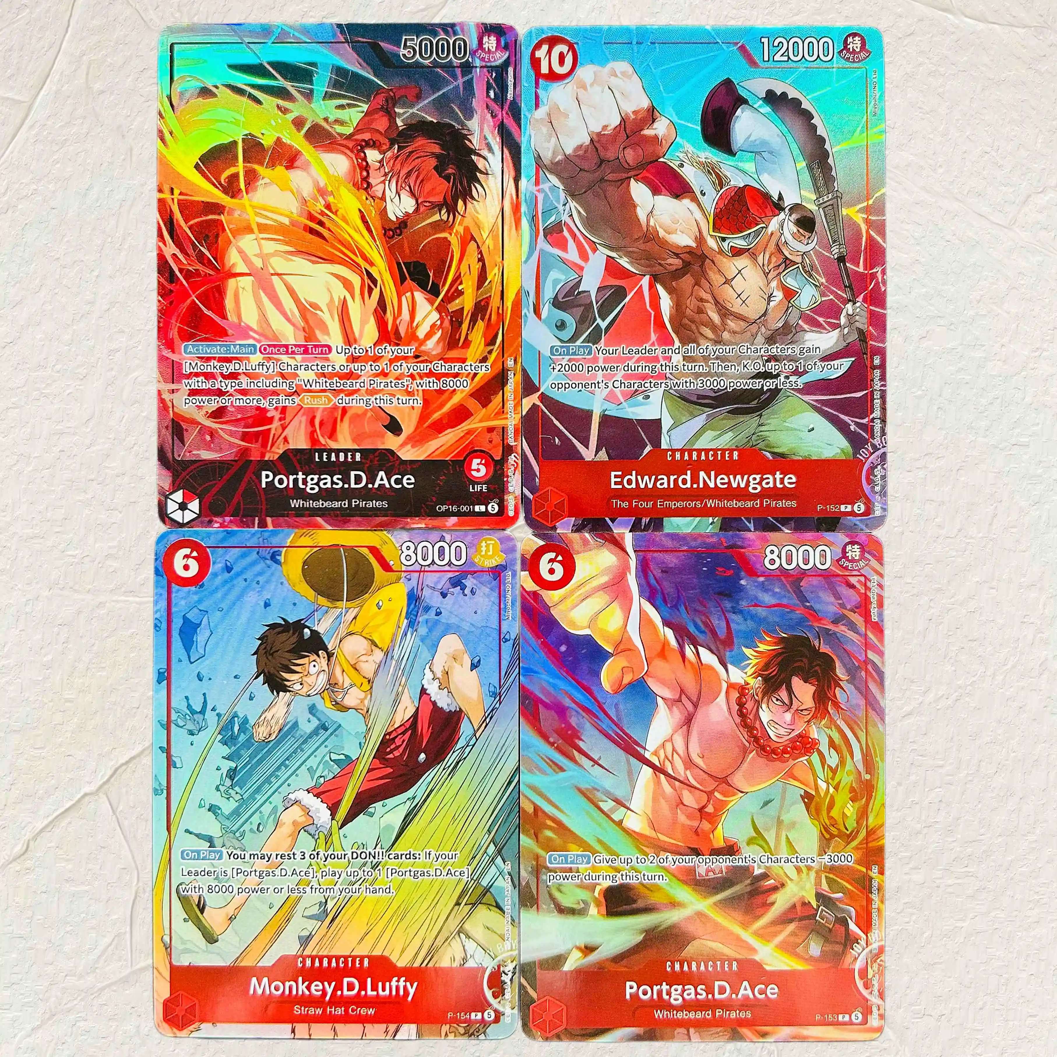 DIY One Piece Portgas.D.Ace Edward.Newgate Monkey.D.Luffy 4 Stück Folien-Textur-Karten Englische Version Premium Anime Sammelkarten