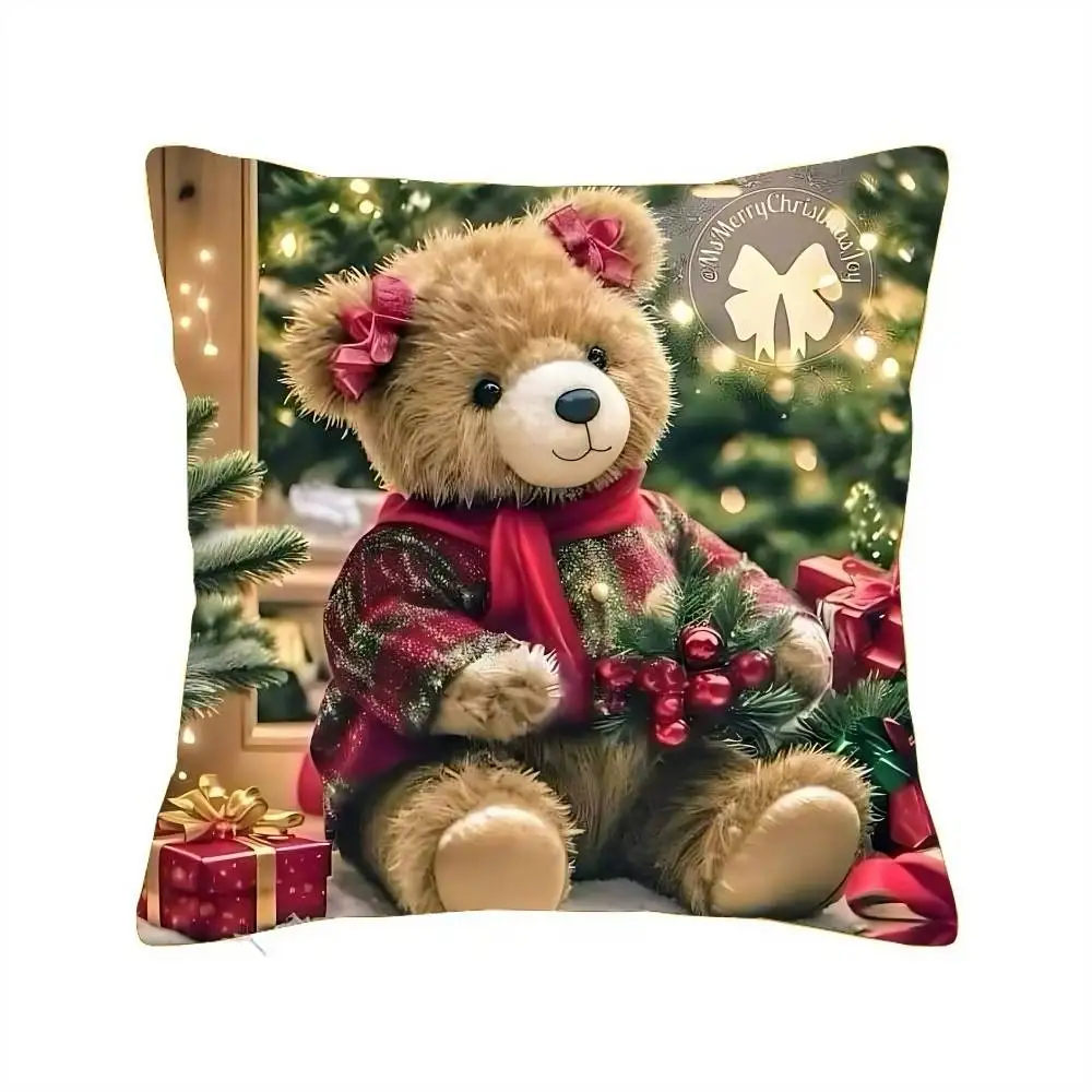 Weihnachtsbär hält eine Girlande, Kissenbezug, weich, niedlich, Überwurf, Pillo-Hülle für Auto, Sofa, Kissenbezug, Polyester mit Reißverschluss