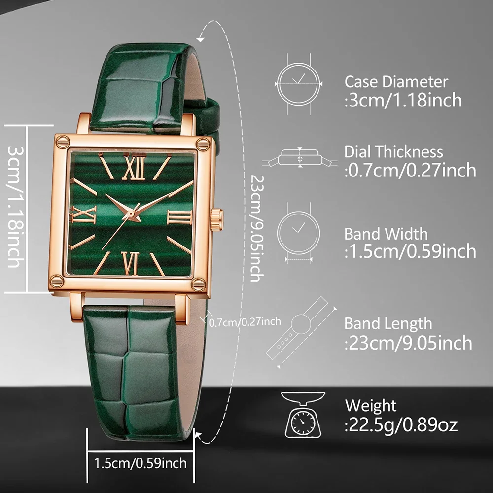 Conjunto de reloj verde para mujer, tendencia de moda, reloj de cuarzo con esfera rectangular simple, regalo perfecto
