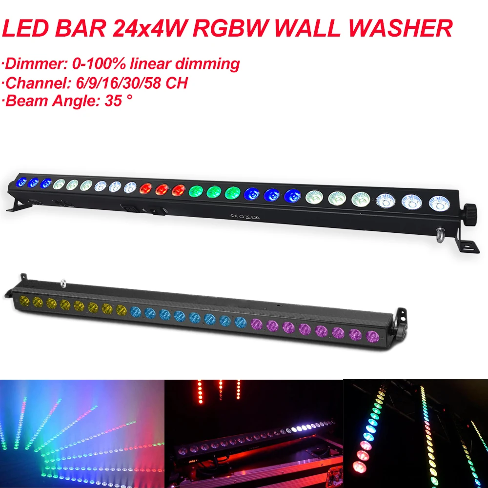 LED Bar 24x4W RGBW 4IN LED Wall Wash Super Large Light Angle DMX512 Control Device Suitable Disco DJ Ballroom Bar Decoration