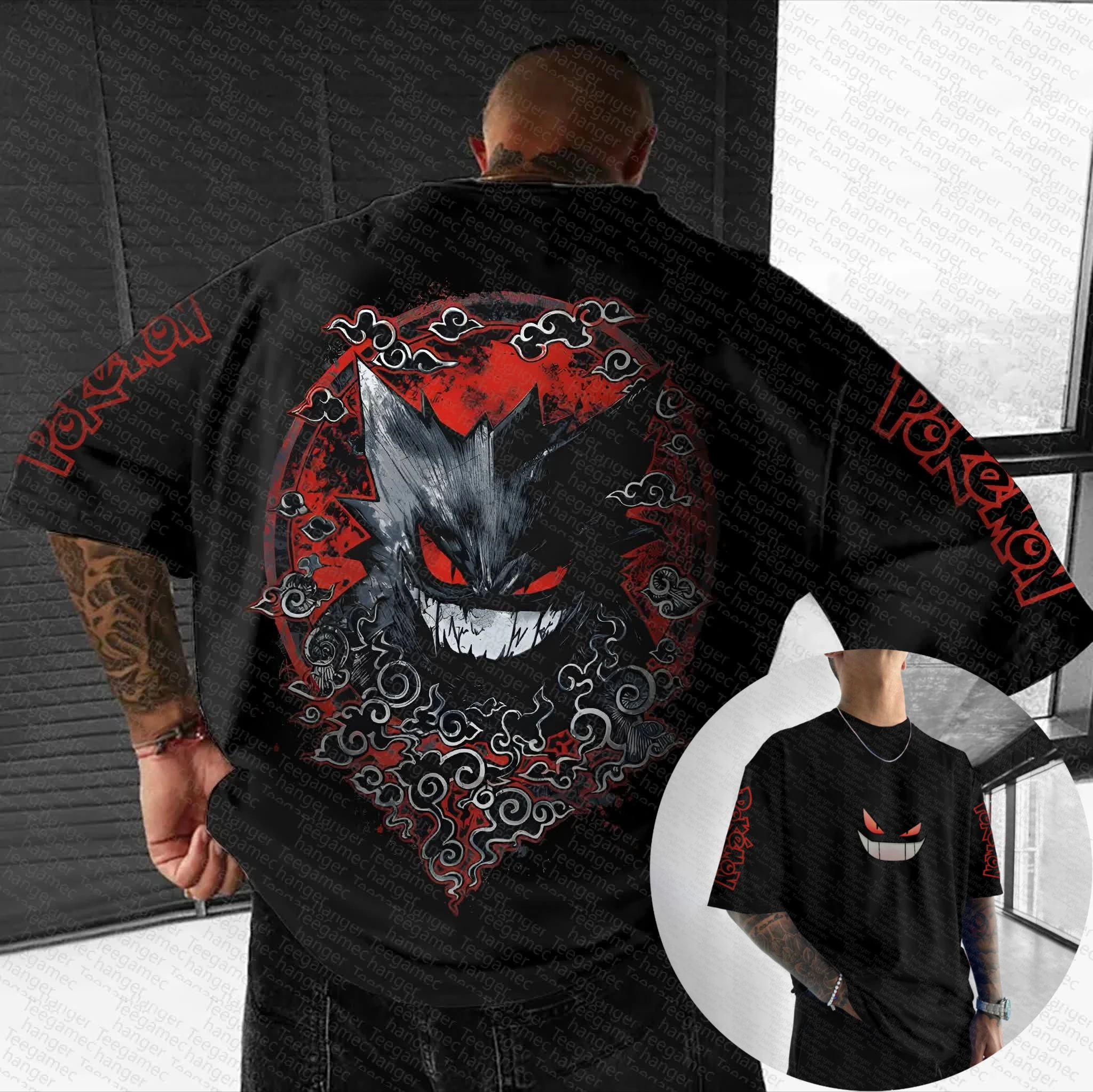 

Новая хлопковая футболка с изображением покемонов Gengar с принтом на спине, красный, черный дизайн и рукав с текстом покемонов, свободная посадка для мужчин и женщин, повседневная мода