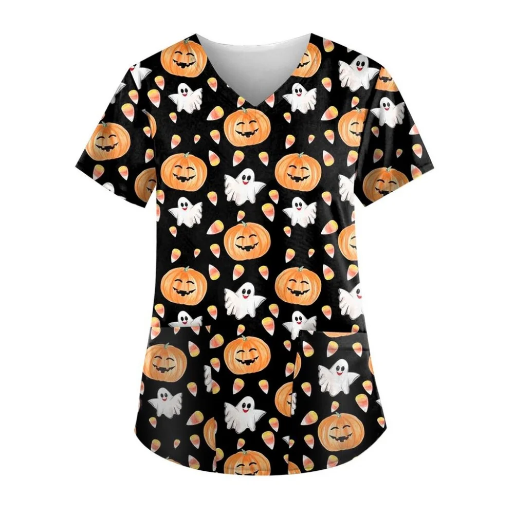 Women's Medical Uniform Halloween Cartoon Print Health Care Nursing Tops Casual Microelastic Short Sleeve Clinical Uniform Woman