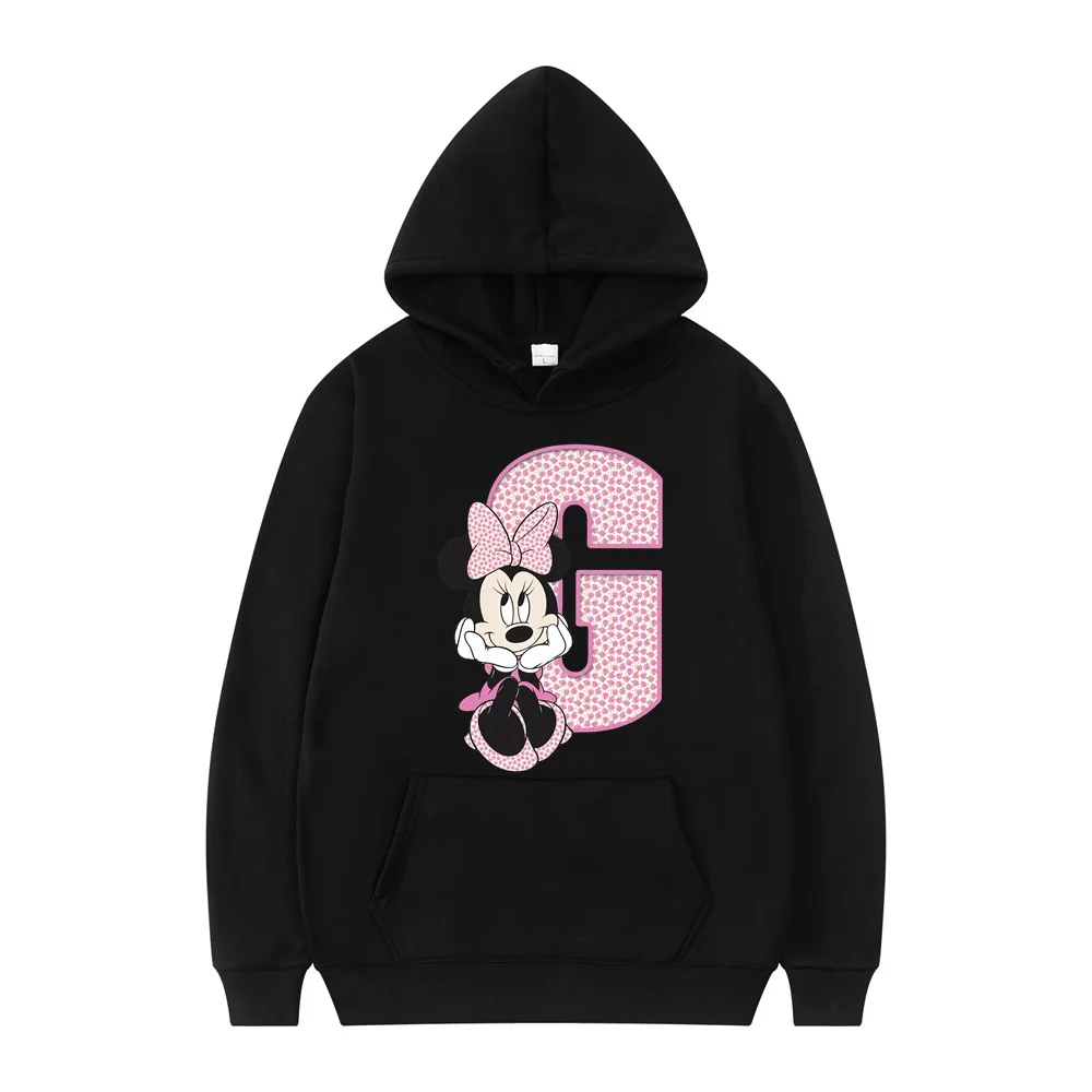 Black Cartoon Hoodies Disney Letter A B C D Sweatshirts Girls Clothes Kawaii Pullover Anime Cartoons Woman and Men Casual Tops