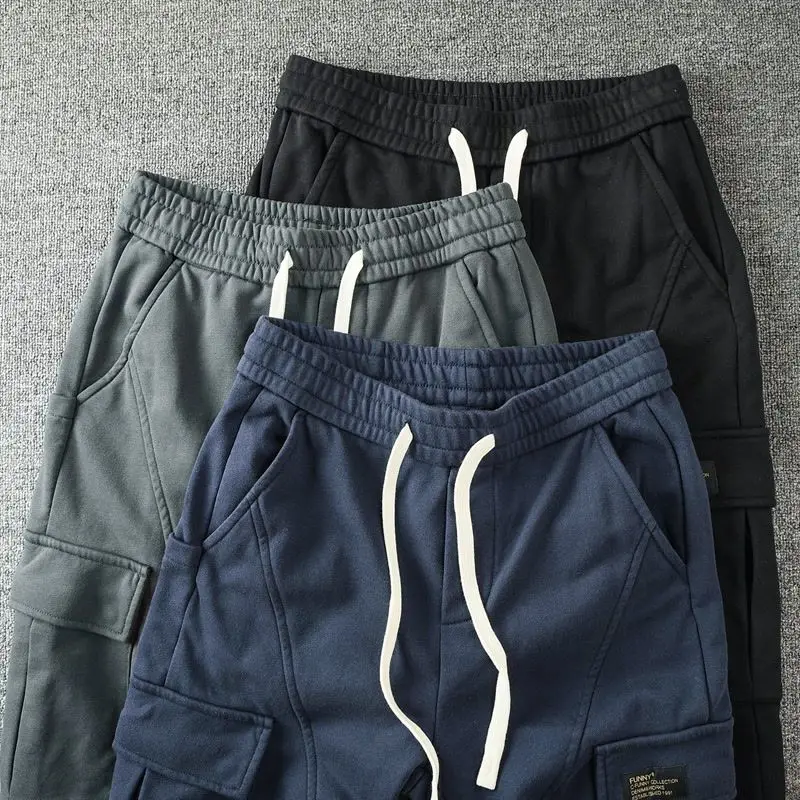 Thick Style Street Casual Men\'s Drawstring Cargo Pants Multiple Pockets New Classic Stickers Handsome Tide All-match Trousers