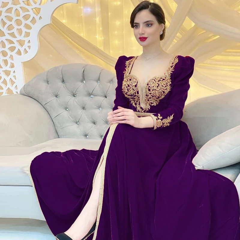 Gorgeous Satin Long Sleeve Square Neck Women's Dress Luxuriou Embroidered Small Slit A line Floor-Length Party Ball Evening Gown