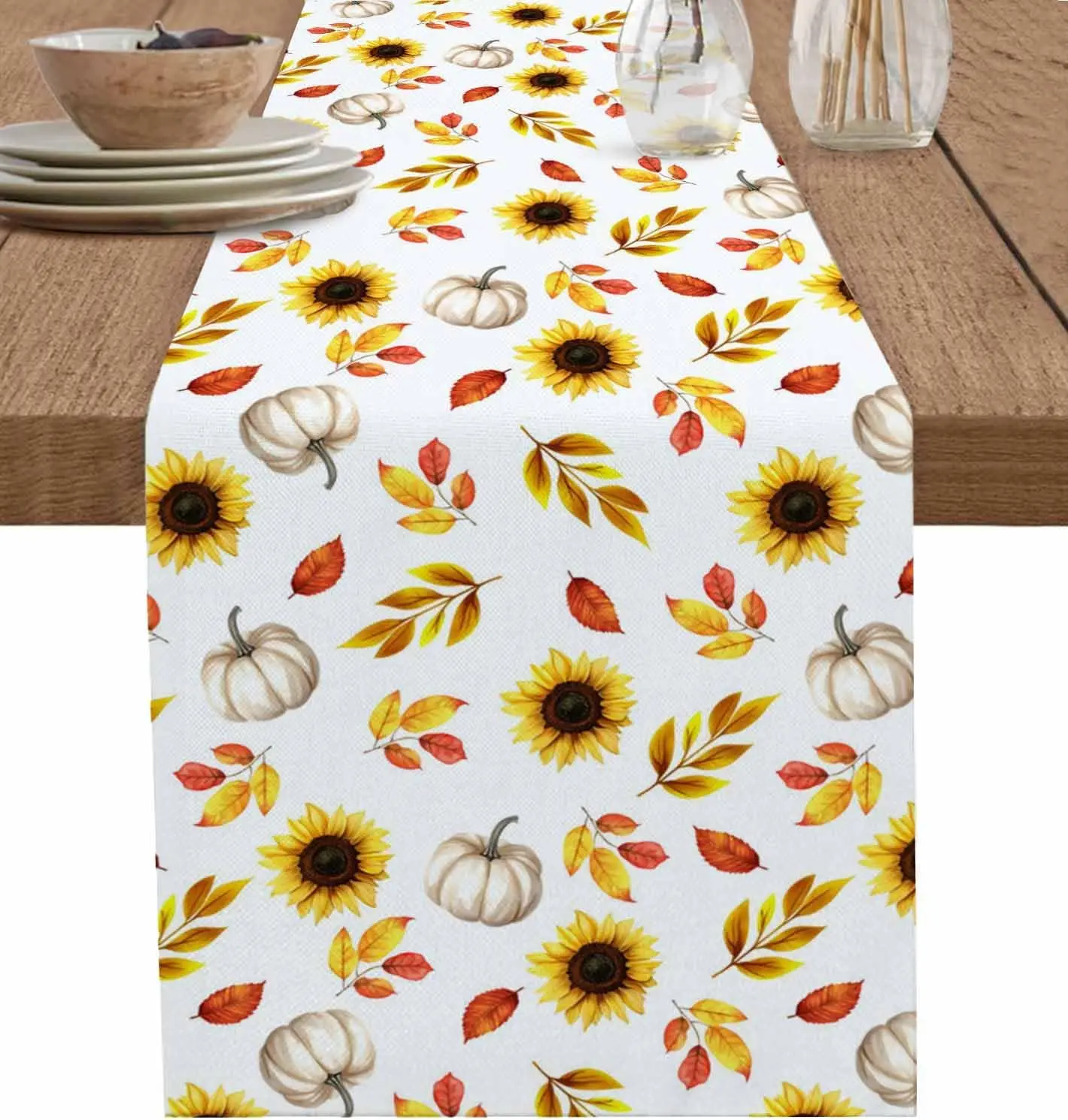 

Осенняя тыква, кленовый лист, подсолнух, льняная дорожка для стола, декор для вечеринки, многоразовая кухонная дорожка для обеденного стола, украшения на День Благодарения