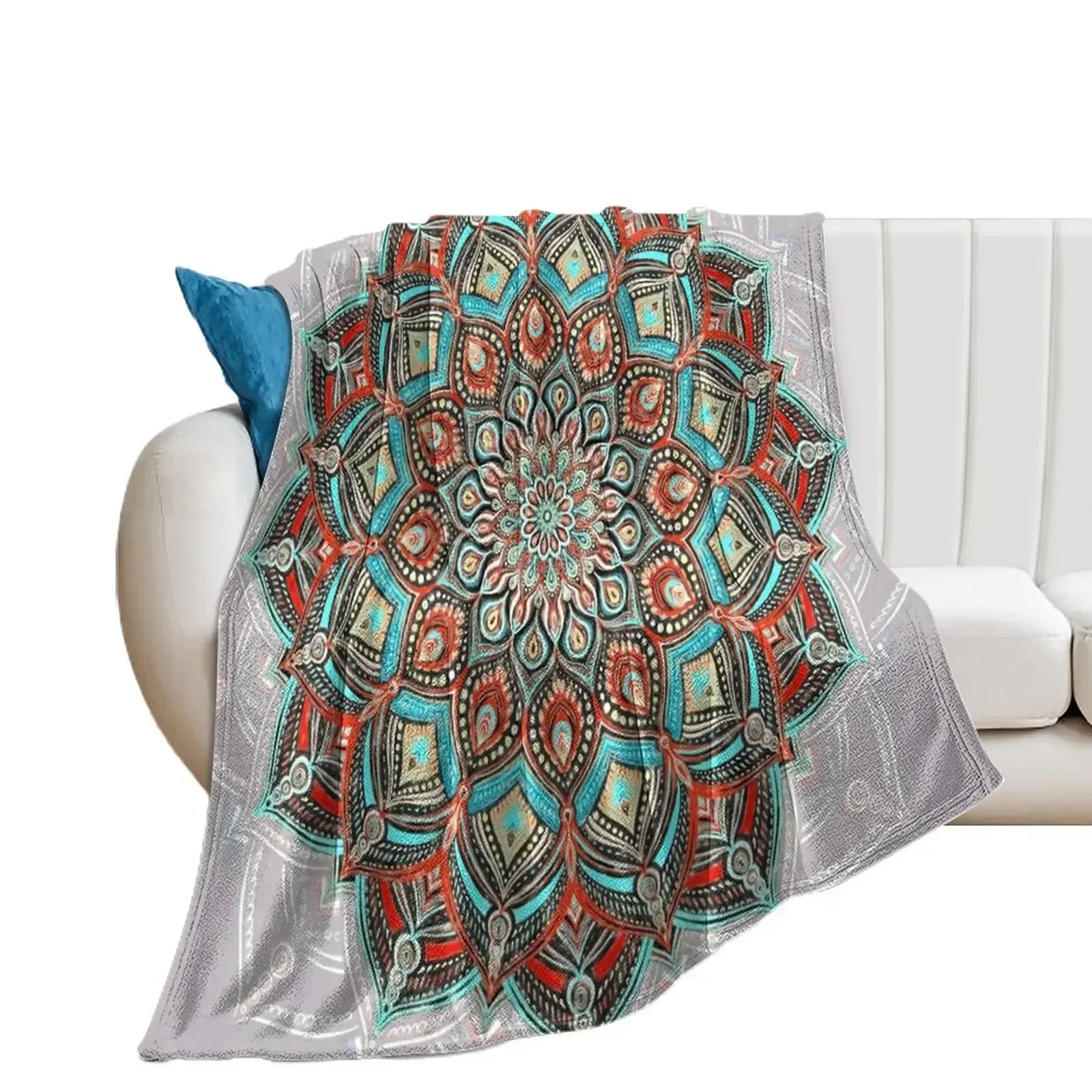 

Teal, Red and Black Boho Painted Mandala Throw Blanket Giant Sofa Multi-Purpose Blankets