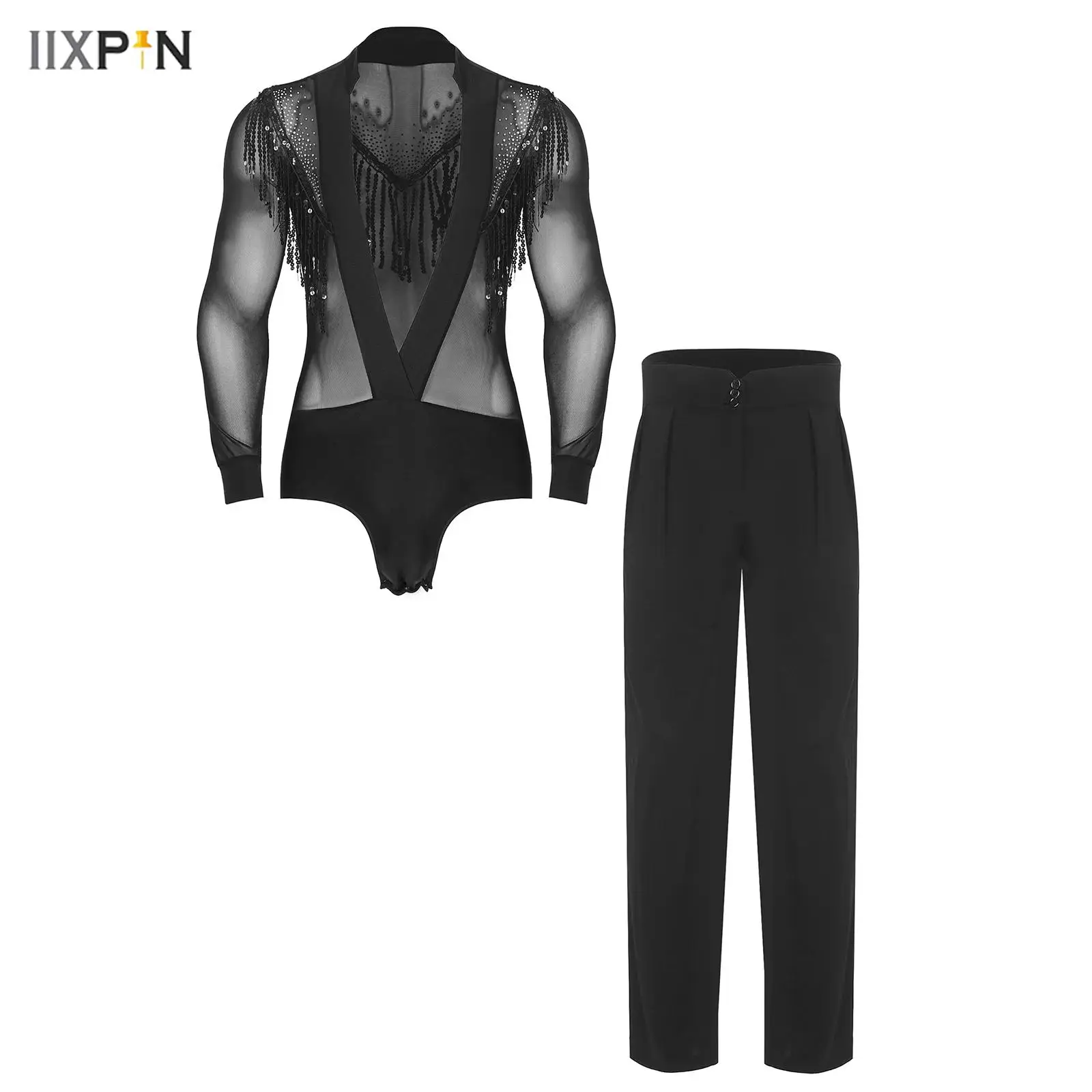

Men's Tango Latin Cha-cha Dance Outfits 2-Piece Deep V-neck Long Sleeve Sequins Tassel Mesh Bodysuit High Waist Dance Pants Set