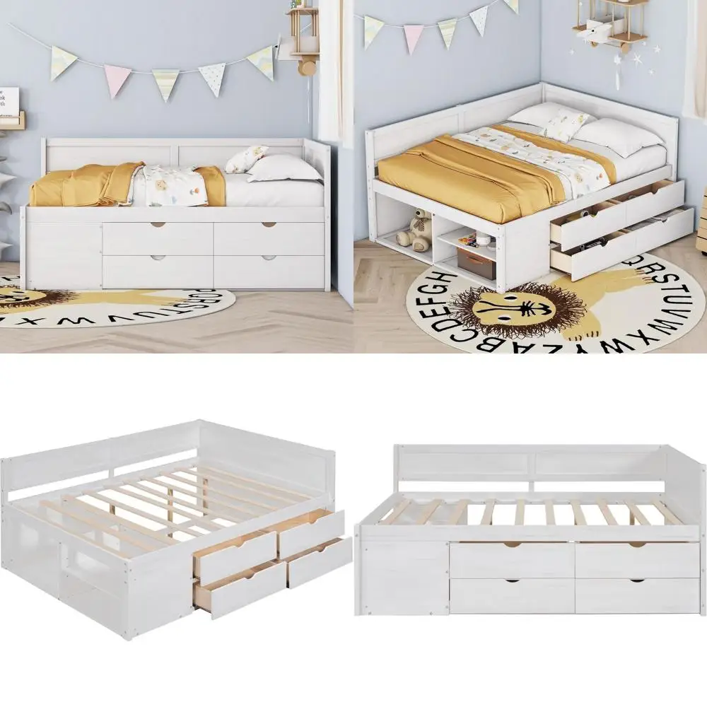 

Большая кровать-софа с 4 ящиками, полками для хранения, белая деревянная кровать-платформа с L-образной доской и ламельным основанием для детей и подростков