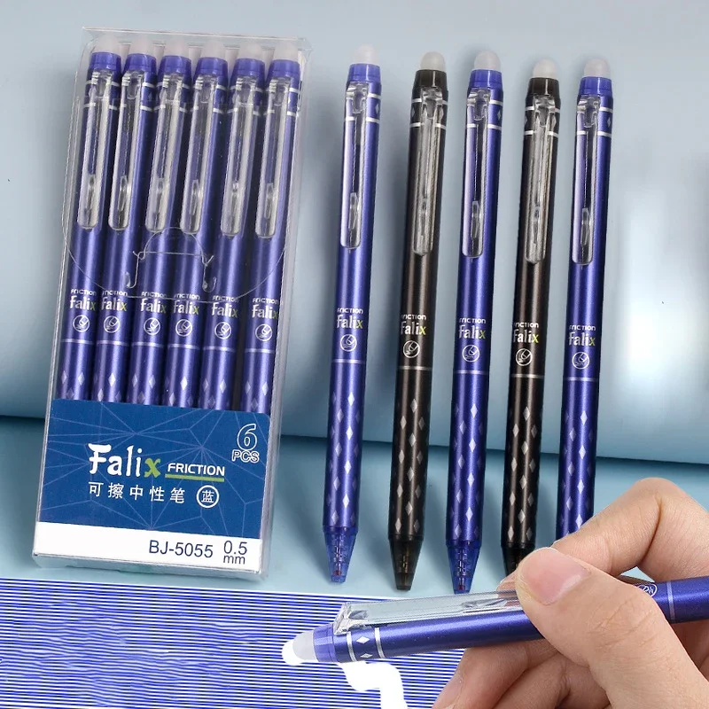 6pcs/Boxs Erasable Gel Pen Practical 0.5mm Blue Black Refill Press Gel Pen Student School Office Stationery