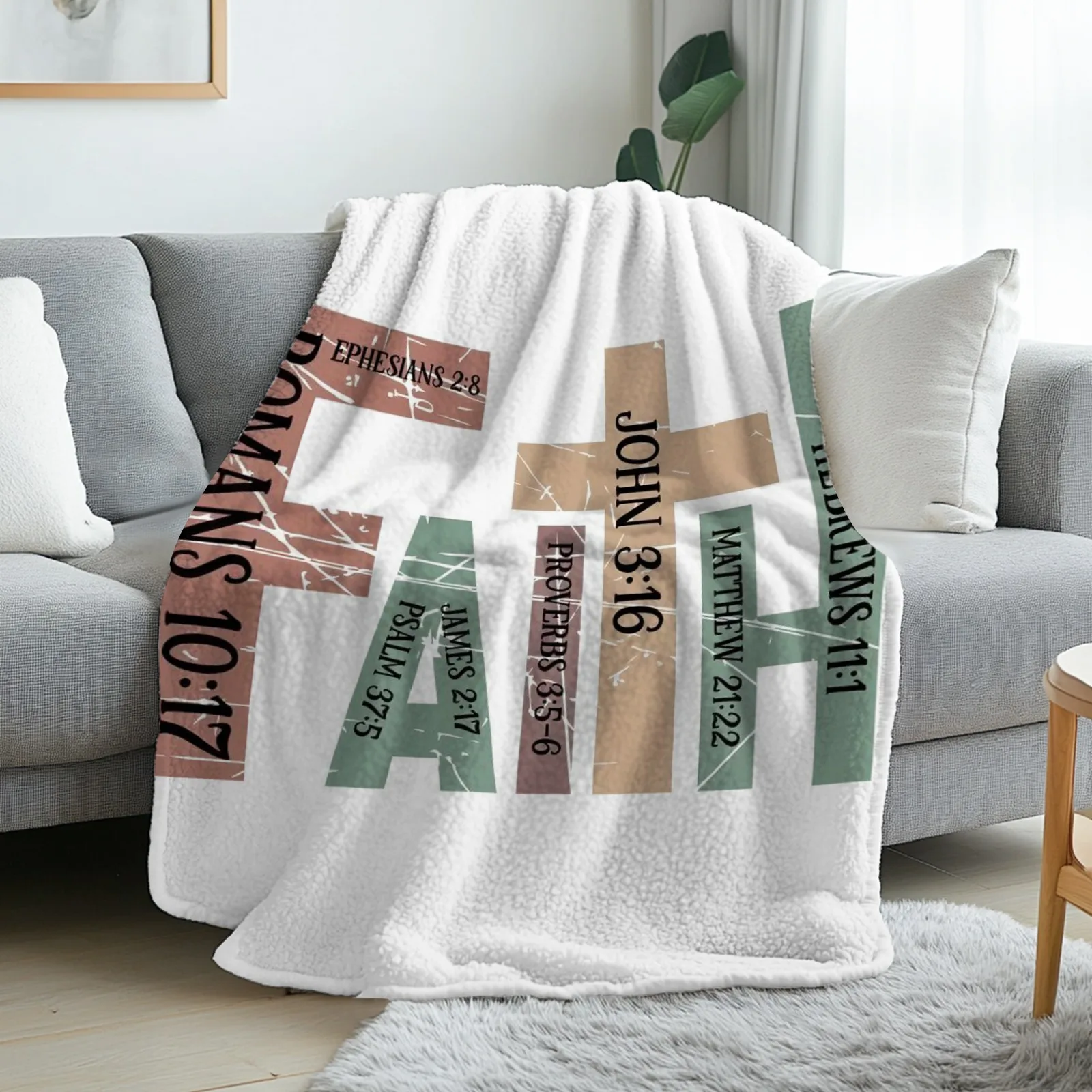 Faith Verses Flannel Blanket, Soft Warm Religious Print, for Couch Sofa Bed Living Room All-Season Fall Christmas Decor