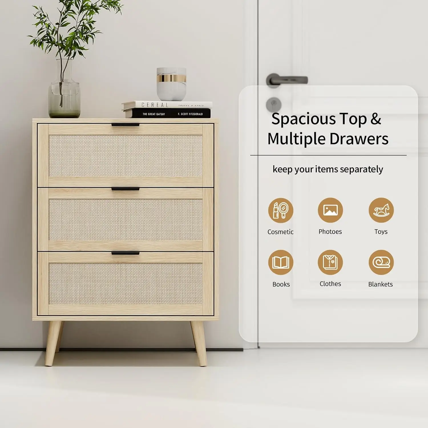 3 Rattan Drawers Dresser For Bedroom, Wood Chest Of Drawers, Modern Accent Storage Cabinet, Wicker Boho Nightstand For Living