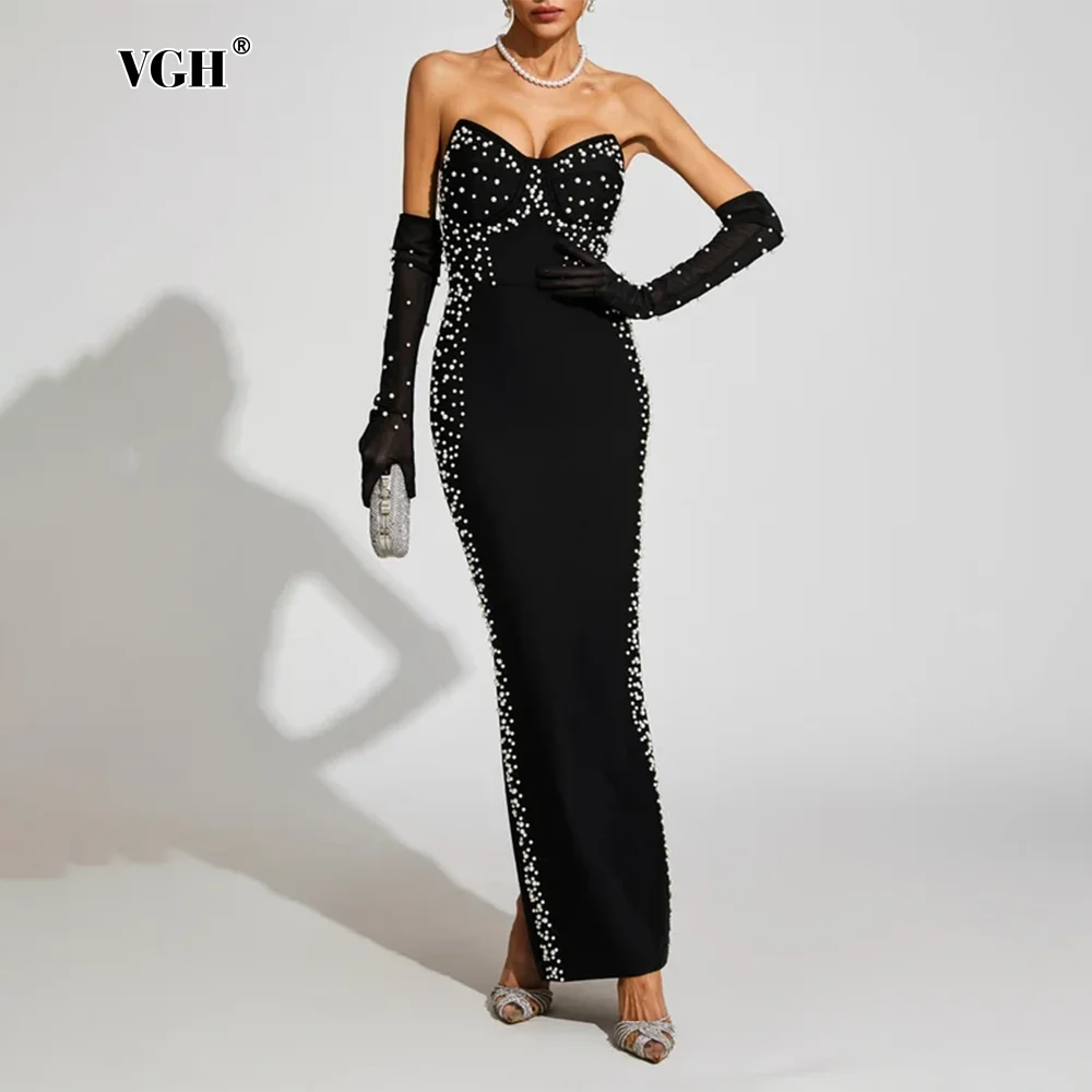 VGH Sweetheart Strapless Mermaid Maxi Dress for Women Pearl Beaded Back Zipper for Evening Party Gown with Matching Mesh Gloves