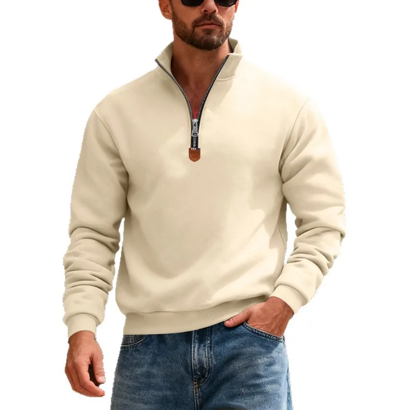 سويت شيرت شتوي من الصوف عالي التحمل للرجال بياقة واقفة دافئة للاستخدام الخارجي وشعار رياضي كاجوال مطبوع على الطراز الأوروبي الأمريكي