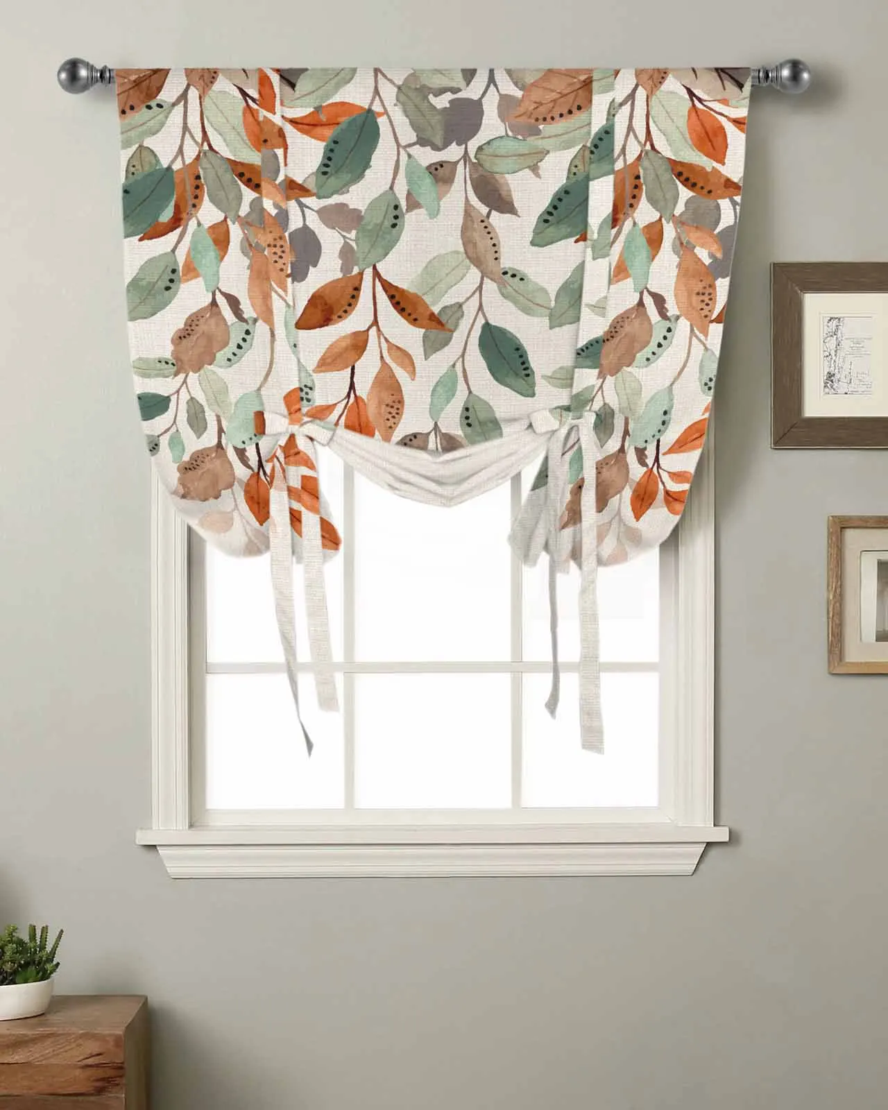 Leaves Plants Pastoral Style Window Curtain for Living Room Bedroom Balcony Cafe Kitchen Tie-up Roman Curtain