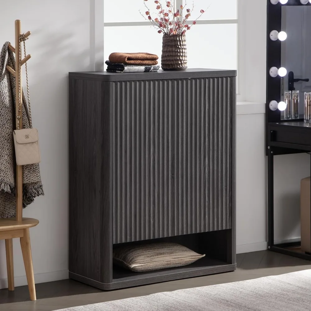 خزانة أحذية بطول 44 بوصة، منظم تخزين كبير، رف أحذية حديث مع أبواب و4 أرفف، خزانة ذات 6 طبقات قائمة بذاتها في منتصف القرن