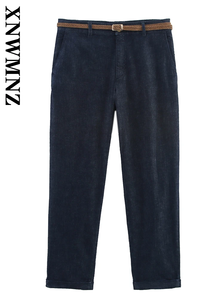 

XNWMNZ 2025 Spring New Woman Casual Simple Button Denim Jeans Fashion Lady Bottoms Commuting with belt High Waist