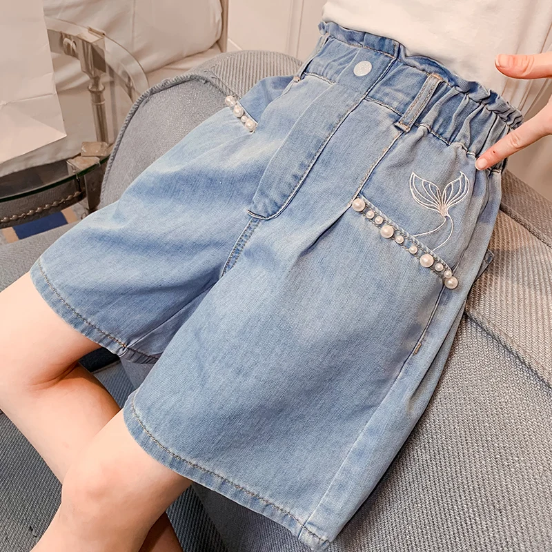 Kids Fashion Paperbag Waist Denim Shorts with Pearls for Tween Girls Casual Streetwear Above Knee Pants Child Cool Mini Jeans