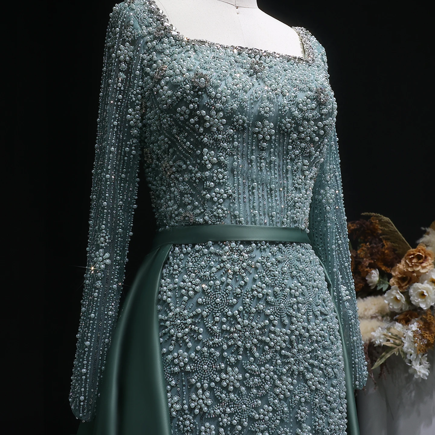 Sharon Said Champagner Meerjungfrauen-Abendkleid mit langen Ärmeln, Überrock, Perlenbesatz, Arabian Nights Ballkleid, formelles Kleid SS119, maßgeschneidert – Detail 9