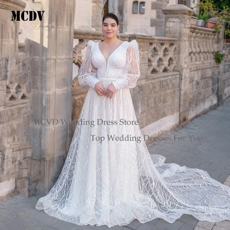 

MCDV Women V Neck Long Sleeve Wedding Dress Plus Size Custom Lace Back Bridal Gown