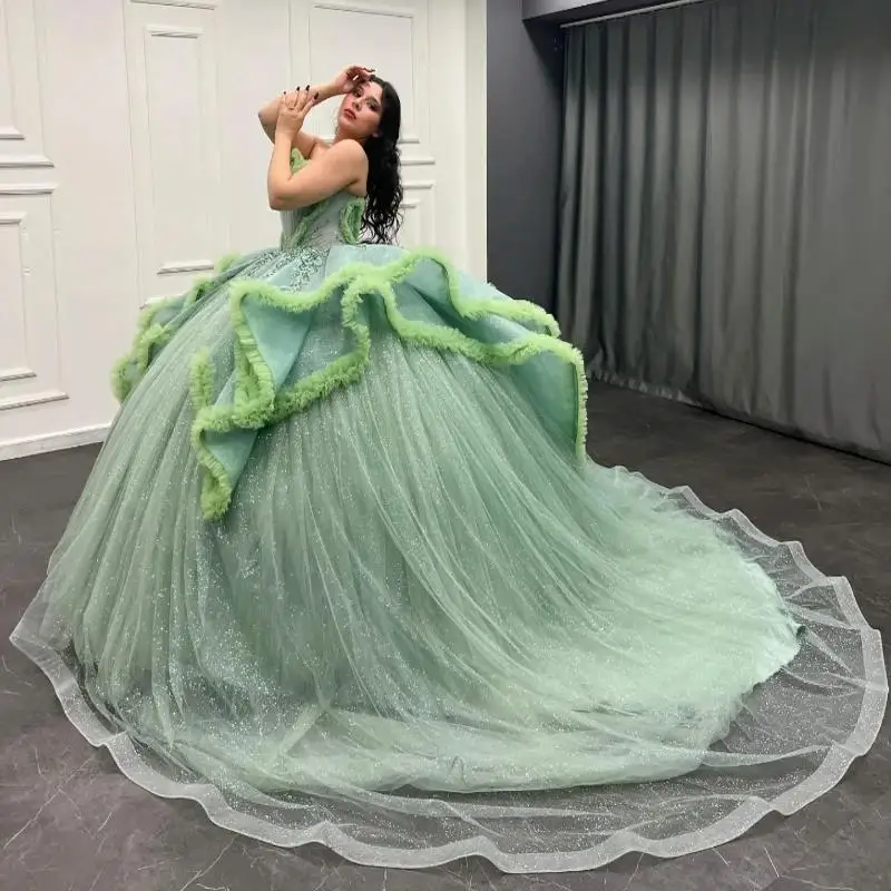 

Customized Sage Green Quinceanera Dresses Ball Gown Off The Shoulder Applique Lace Beading Tull Party Birthday Sweet 16 Vestido