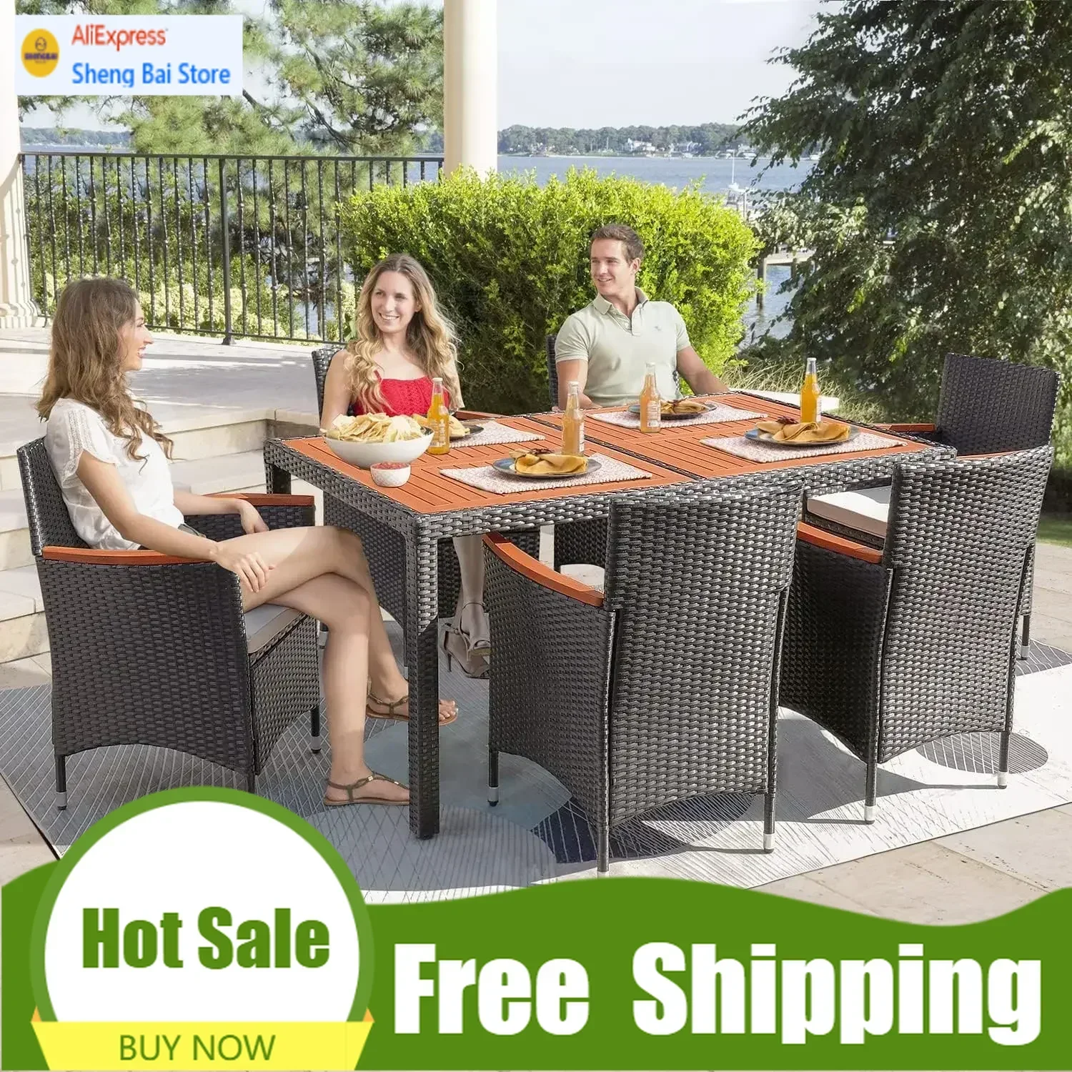 

Bestseller7 Piece Patio Dining Set Outdoor Acacia Wood Table and Chairs with Soft Cushions Wicker Patio Furniture for Deck,Backy