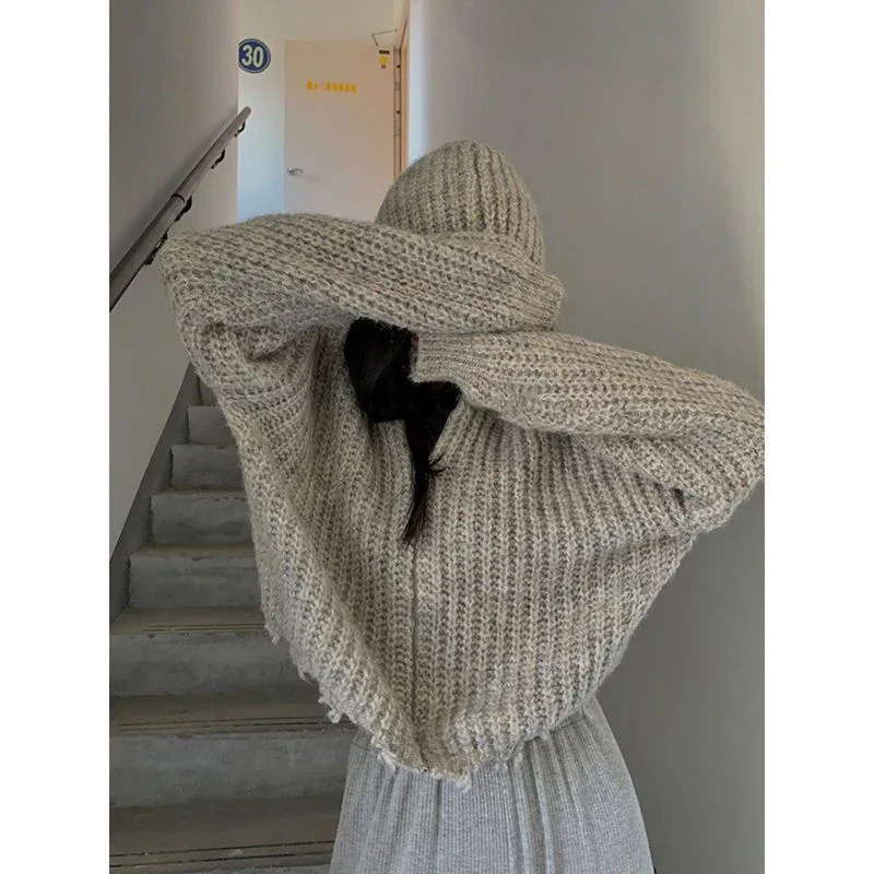 Streetwear Cardigan lavorato a maglia con cappuccio donna Y2K maglione strappato corto maglieria oversize coreana Harajuku Zipper Jumpers Coat Tops