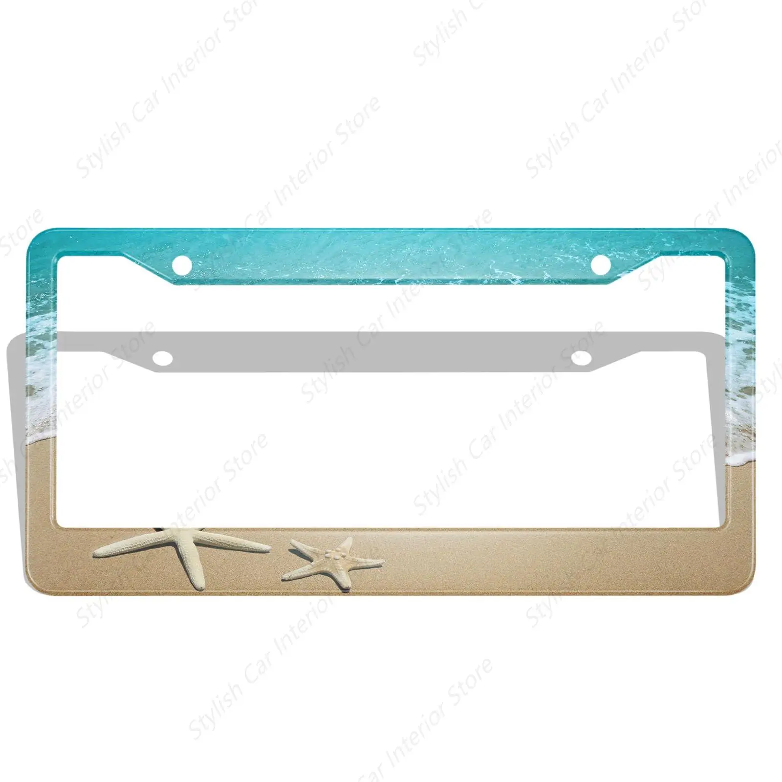 Beach Car License Plate Frame Blue Sea Sand Starfish Coast Wave Ocean Water Nature Scenery Metal License Plate Cover Universal