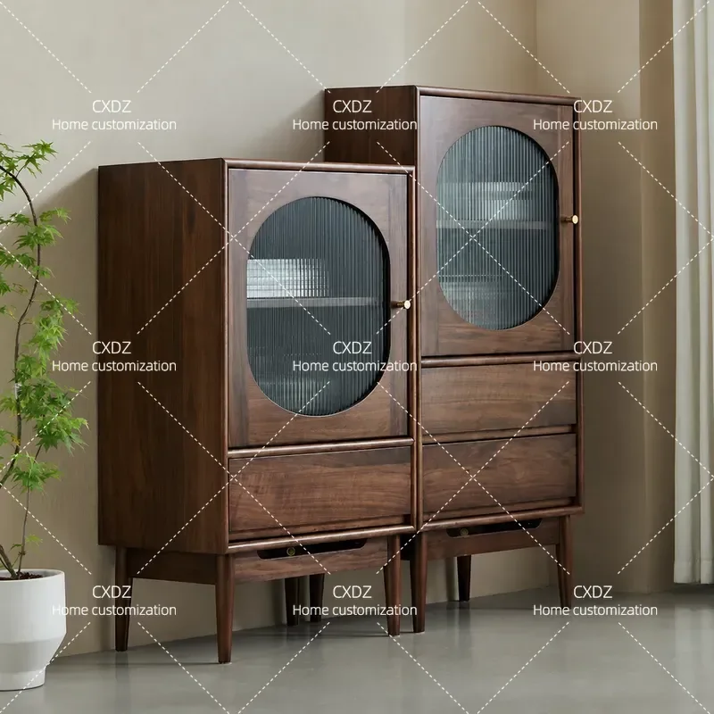 Simple Solid Wood Wine Cabinet Living Room Storage Locker Nordic TV Side Cabinet Sofa Corner Cabinet Black Walnut Color