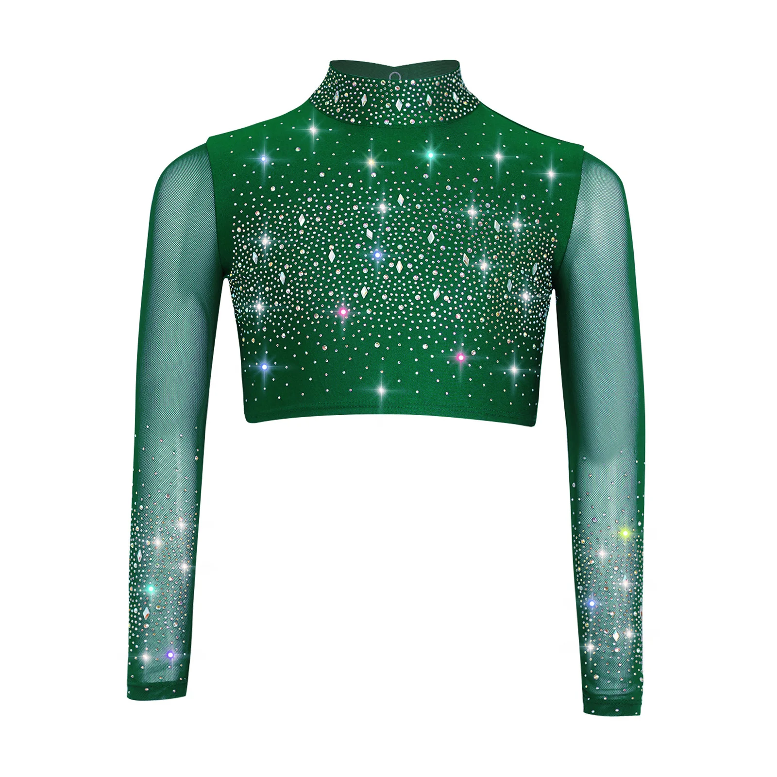

Kids Girls Lyrical Modern Dance Costume Shirts Figure Skating Ballet Dancewear Sheer Mesh Long Sleeve Shiny Rhinestones Crop Top