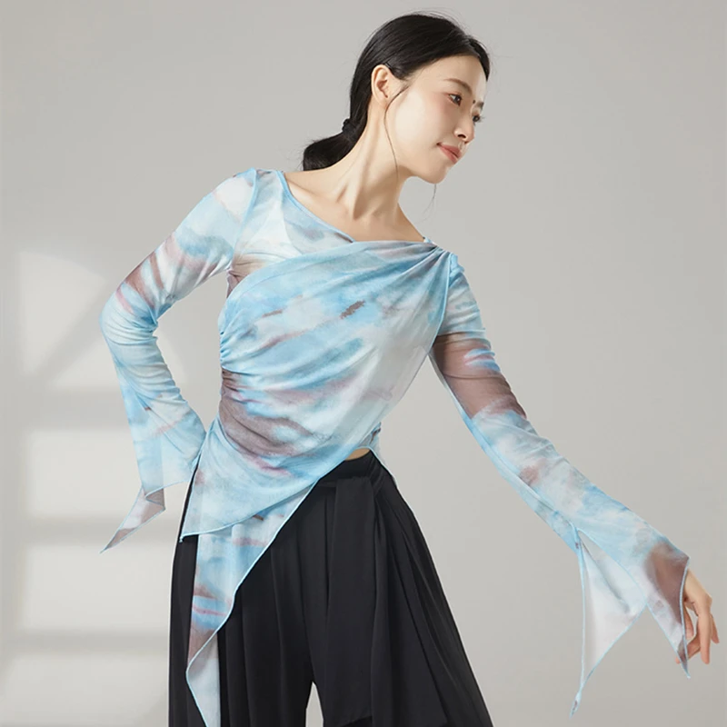 Women Classical Dance Mesh Top Long Slit Flared Sleeve Shirt Prints Saree Blouse Slim Chinese Hanfu Performance Training Clothes