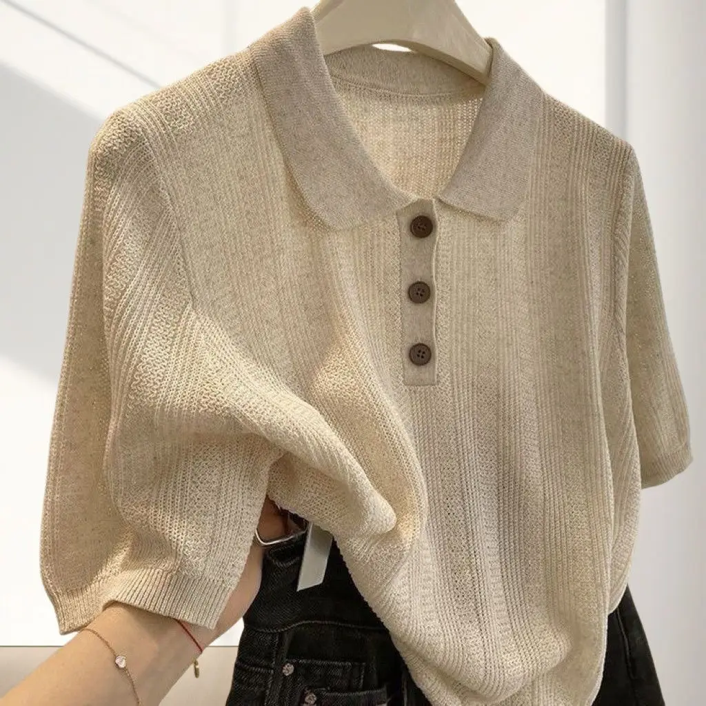 

High-end Polo-Neck Short-Sleeve T-Shirt Women's Summer Golf Shirt New Versatile Casual Knit Ice Silk Top Japanese Shirt New
