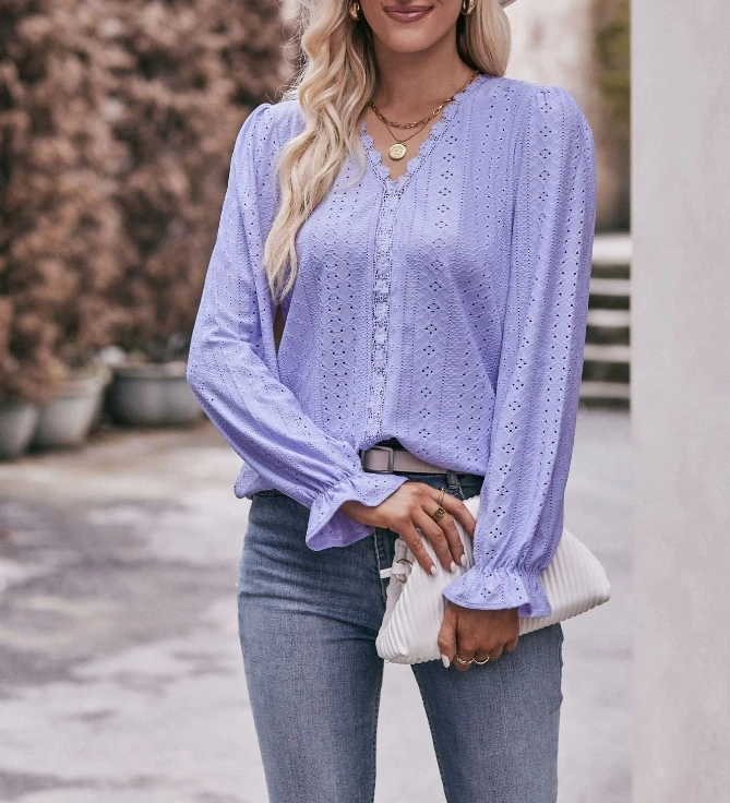 Autumn Fashion New Top Solid Color T-Shirt, Hole Lace V-Neck Long Sleeved Top Temperament Commuting Casual Retro Top