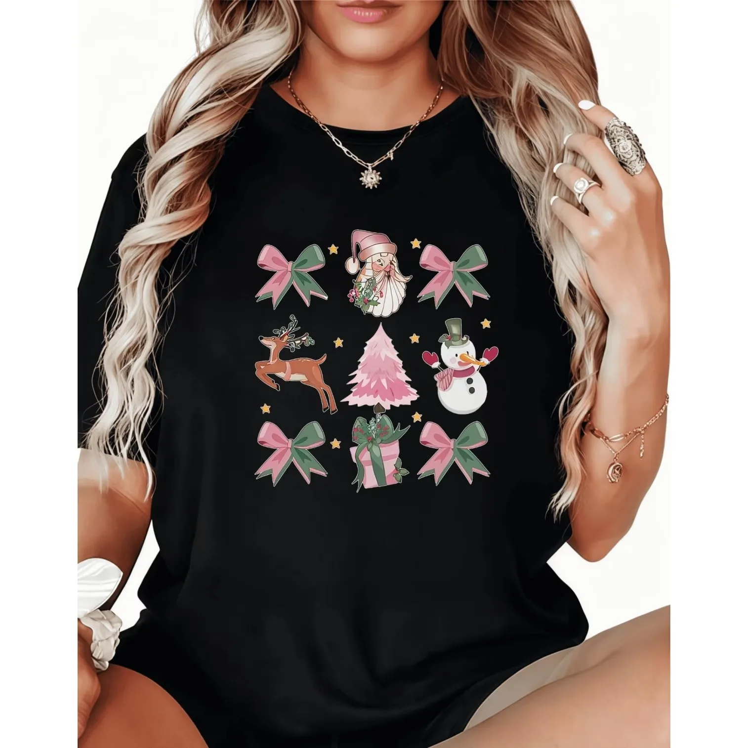 Women's cotton Black Print T-Shirt Graphic Tee Pink Christmas Collage Santa, Reindeer, Tree, Snowman, Bows Festive