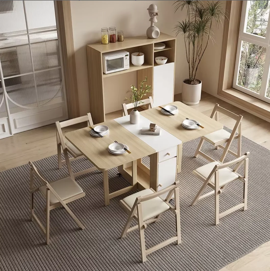 

Multifunctional Folding Bamboo Dining Table Chair Set Suitable For Small Apartments Home Use Extendable Wheels