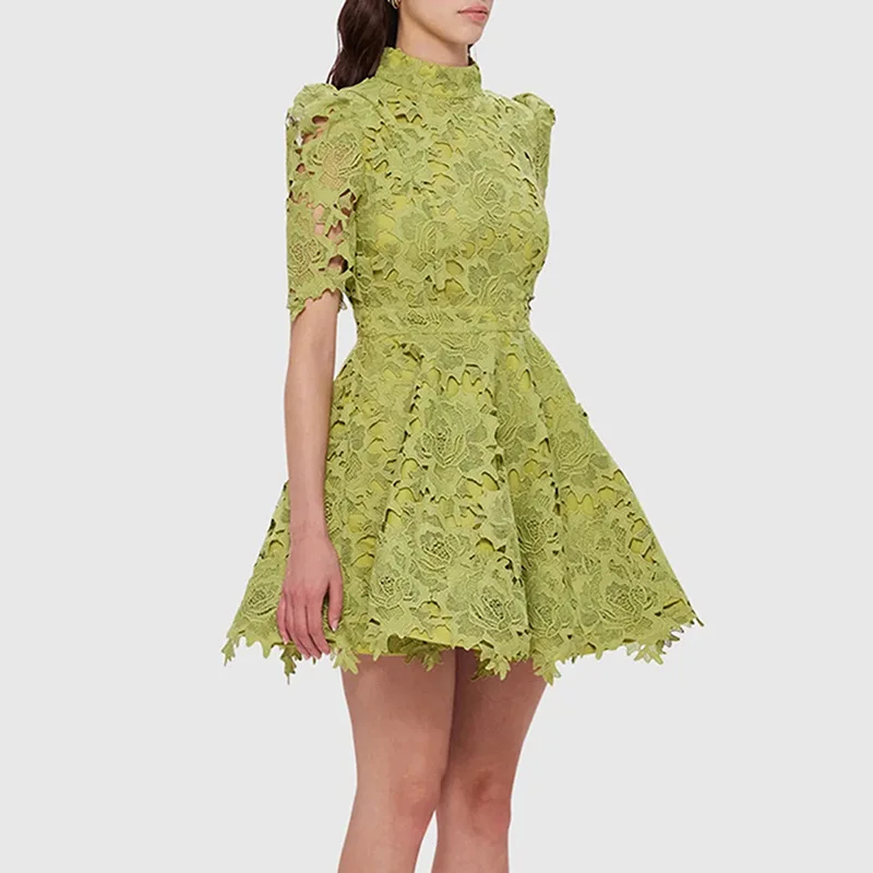 Vintage Solid Embroidery Lace Mini Dress Runway Summer Green Stand Collar Short Sleeve Hollow Out  Party Belt Ball Gown Clothes